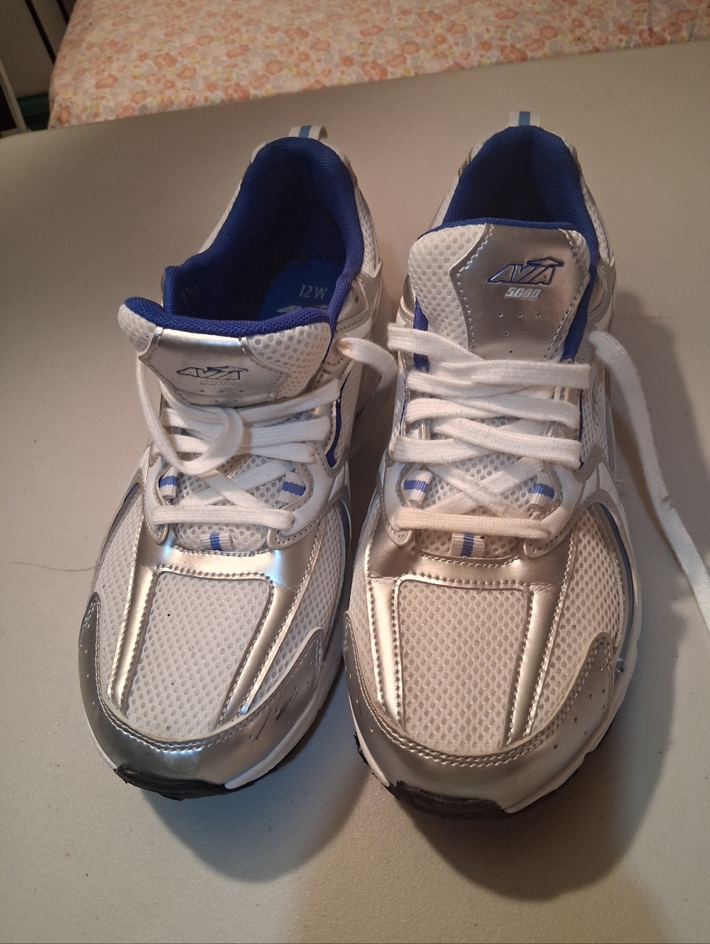 Avia White and Silver Athletic Sneakers with Blue Accents